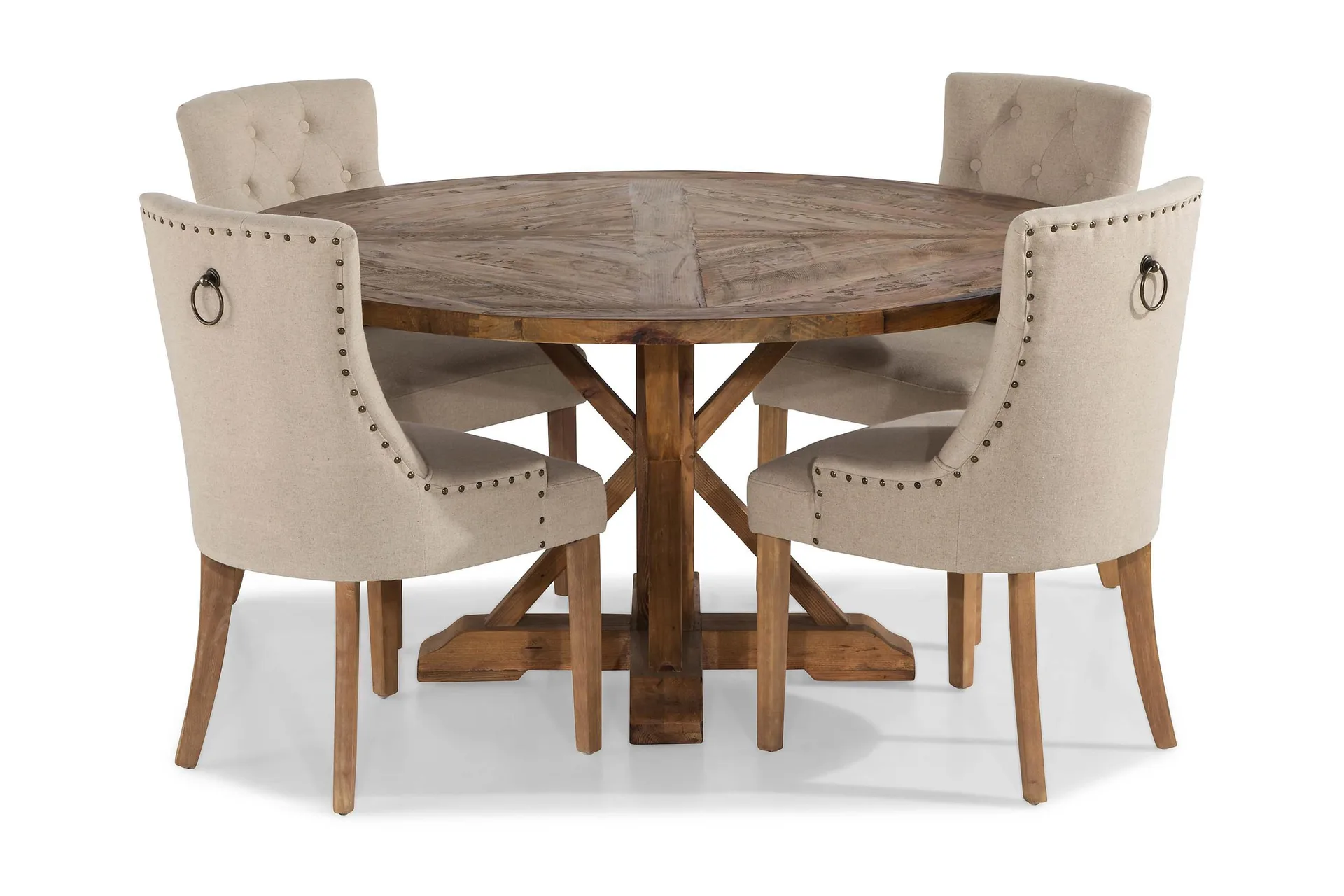 Lyon Spisegruppe Ø150 cm Rund med 4 Viktoria Stoler – Vintage Alm / Beige