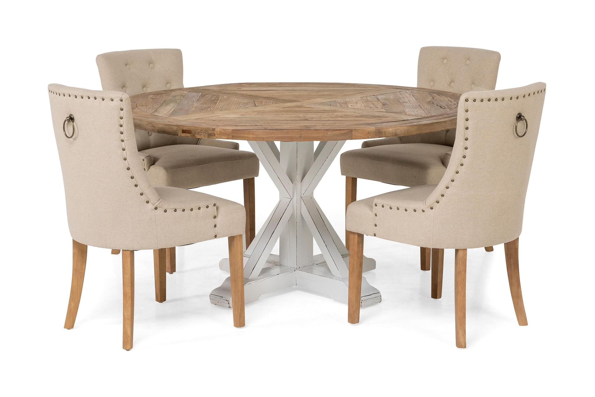 Lyon Spisegruppe Ø150 cm Rund med 4 Viktoria Stoler - Vintage Natur/Hvit/Beige