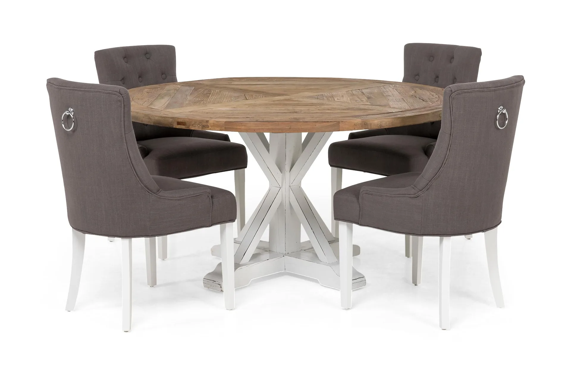 Lyon Spisegruppe Ø150 cm Rund med 4 Viktoria Stoler - Vintage Natur/Hvit/Grå