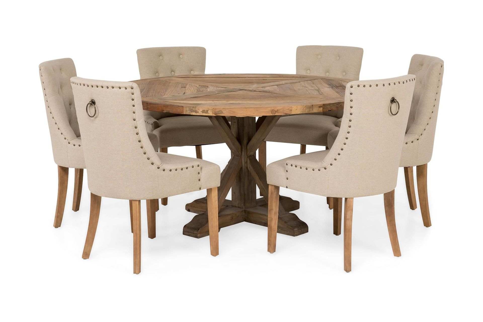 Lyon Spisegruppe Ø150 cm Rund med 6 Viktoria Stoler – Vintage Alm/Beige