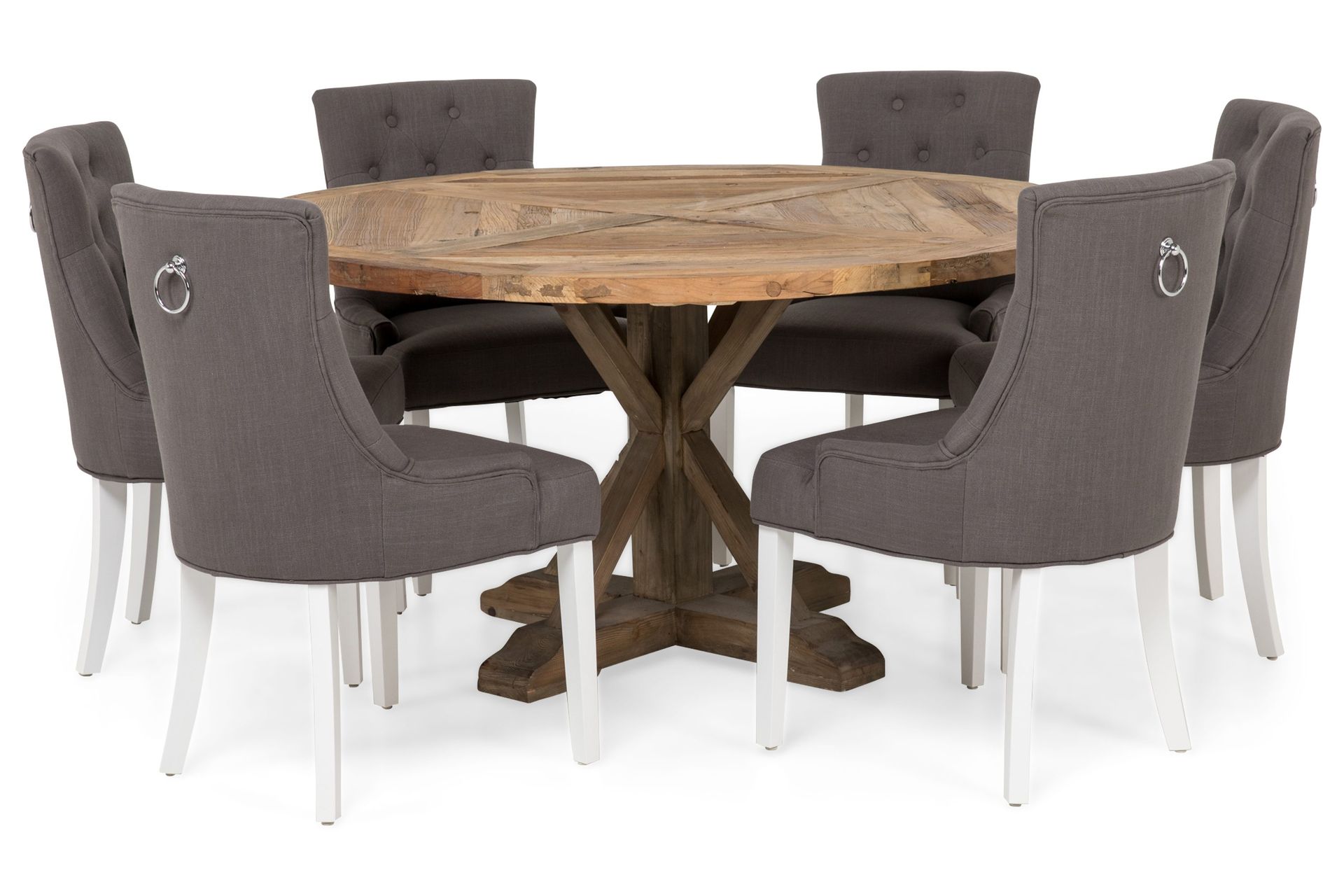 Lyon Spisegruppe Ø150 cm Rund med 6 Viktoria Stoler – Vintage Alm/Grå/Hvit