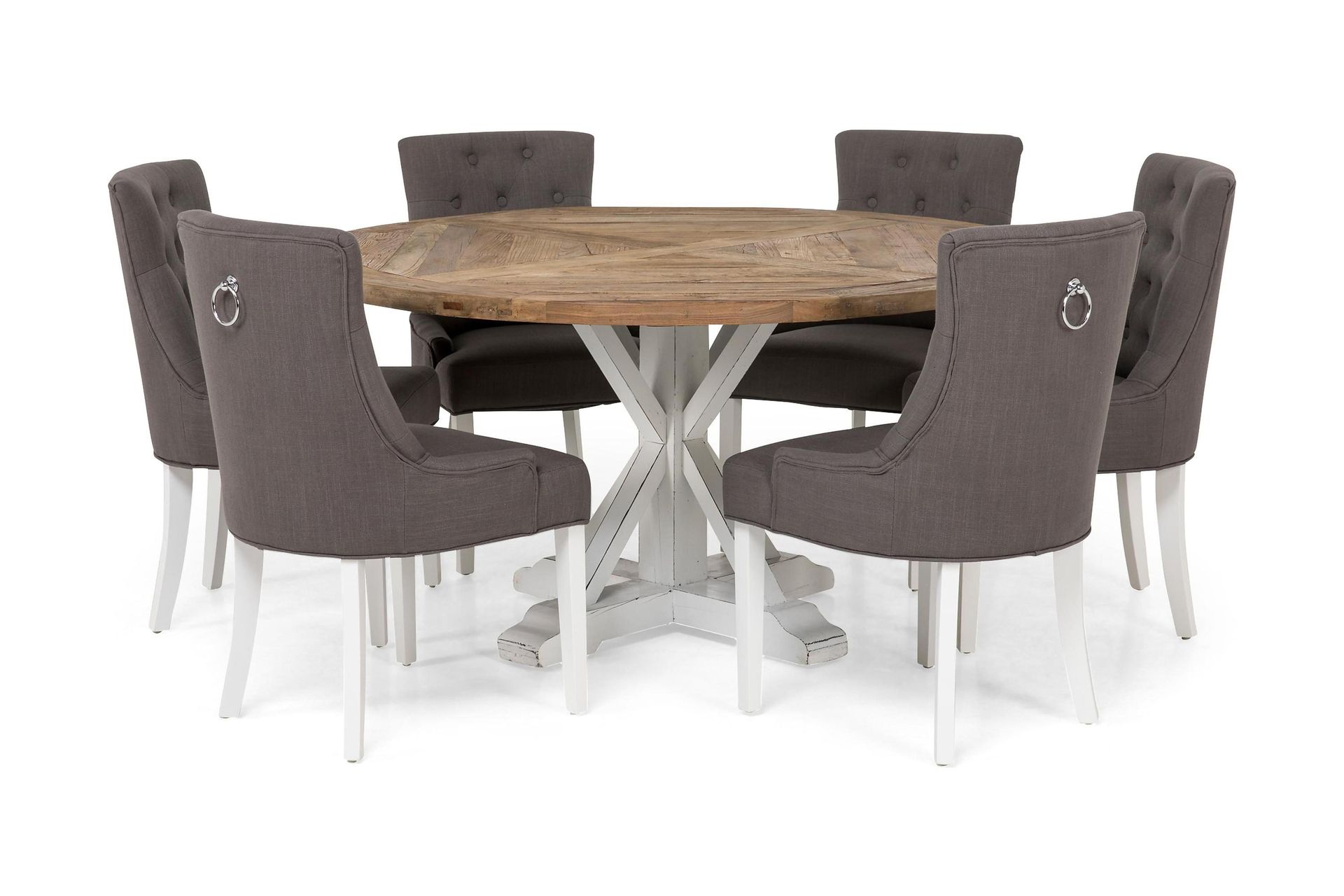 Lyon Spisegruppe Ø150 cm Rund med 6 Viktoria Stoler – Vintage Natur/Hvit/Grå