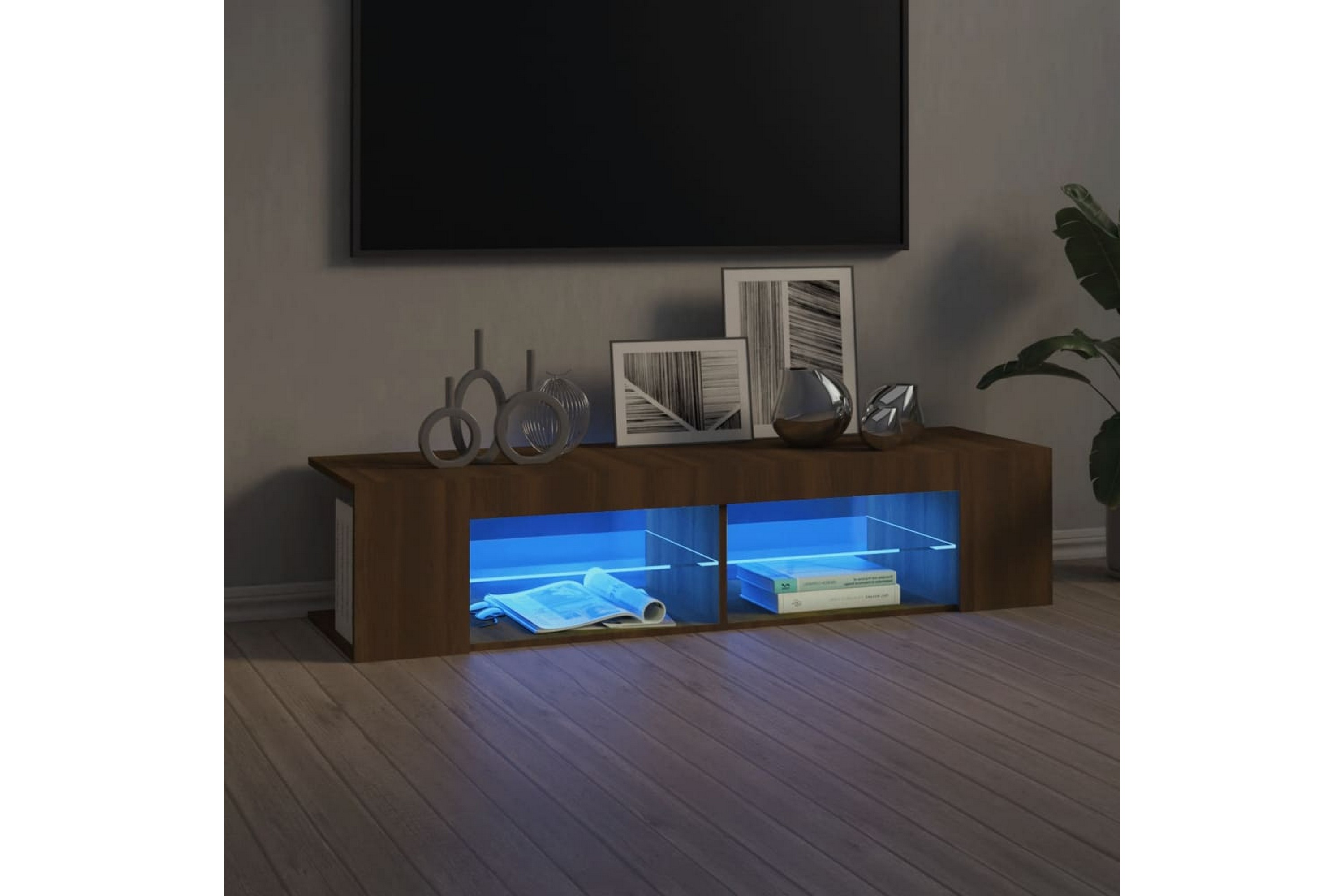 beBasic TV-benk med LED-lys brun eik 135x39x30 cm - Brun