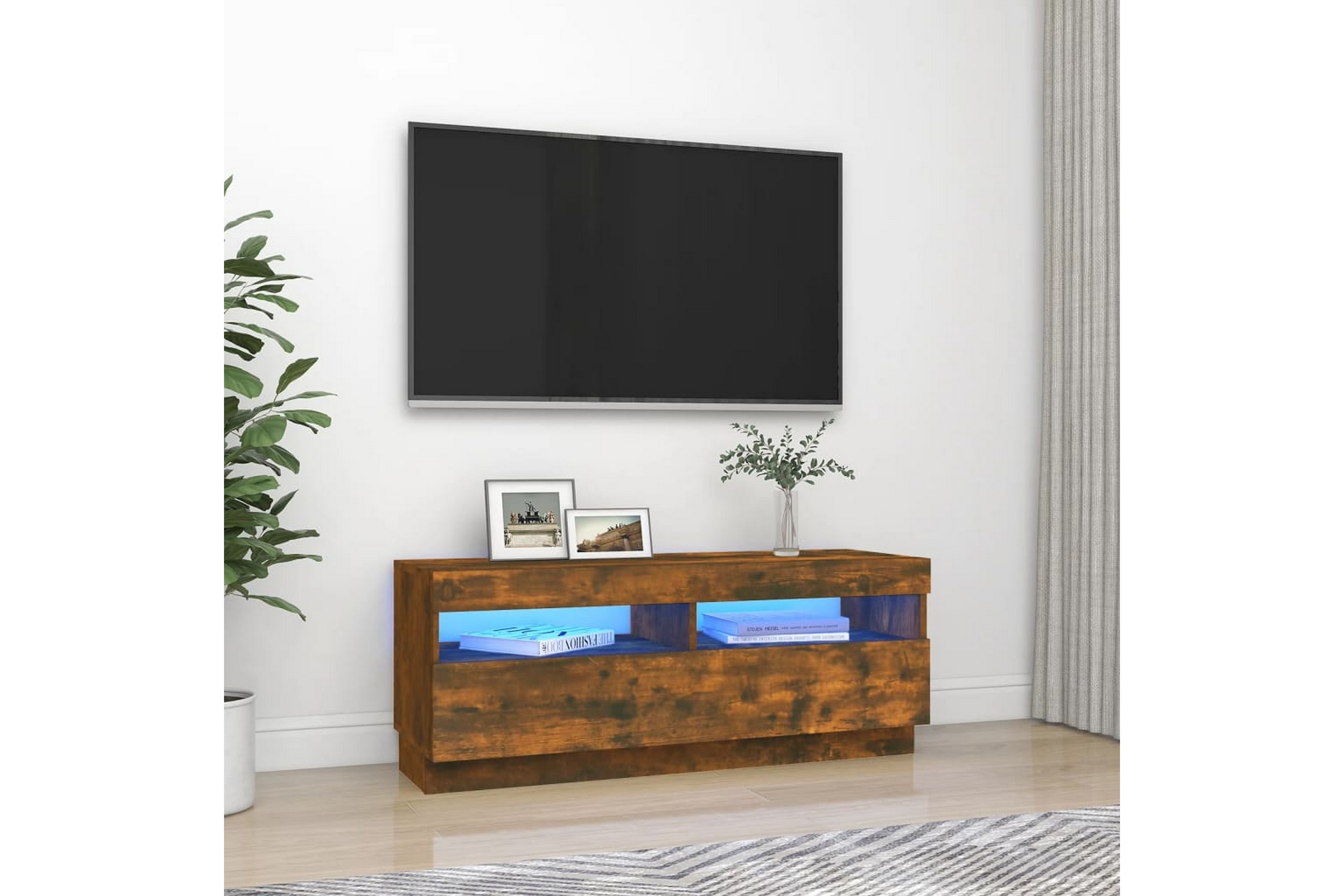 beBasic TV-benk med LED-lys røkt eik 100x35x40 cm - Brun
