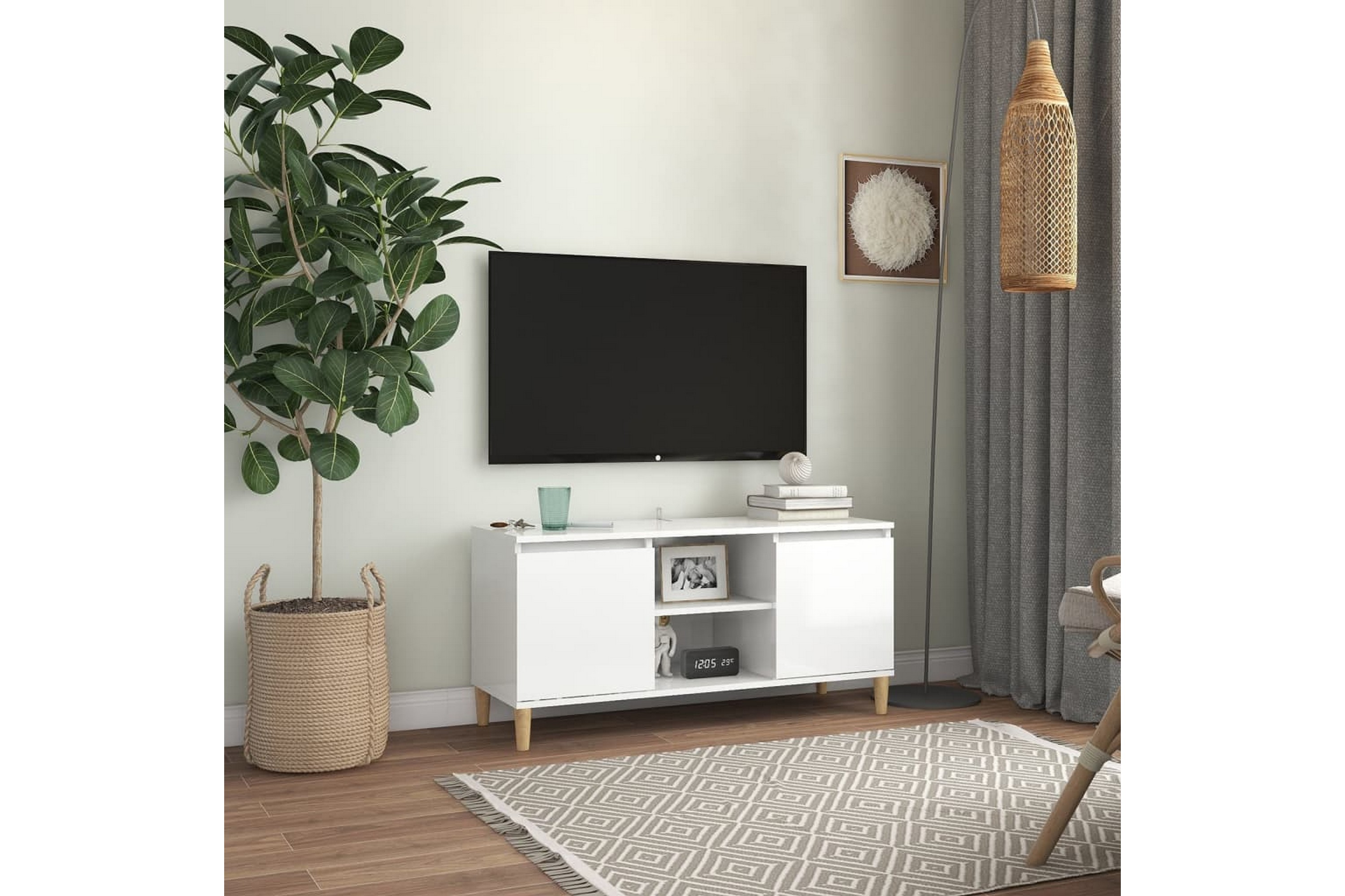 TV-benk med ben i heltre høyglans hvit 103,5x35x50 cm - Hvit
