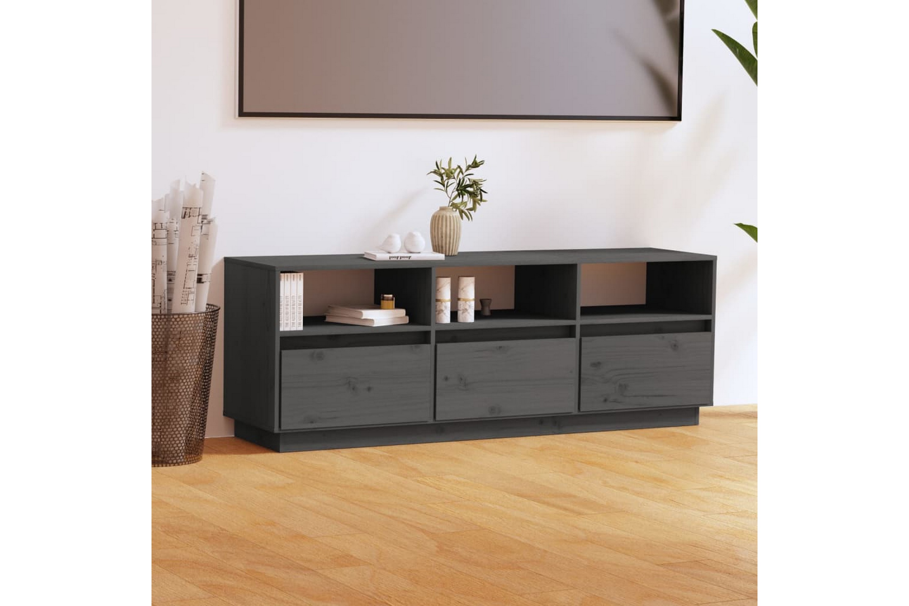TV-benk grå 140x37x50 cm heltre furu - Grå