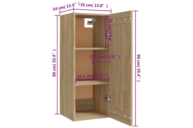 beBasic Veggskap sonoma eik 35x34x90 cm konstruert tre - Brun - Vegghengt oppbevaring