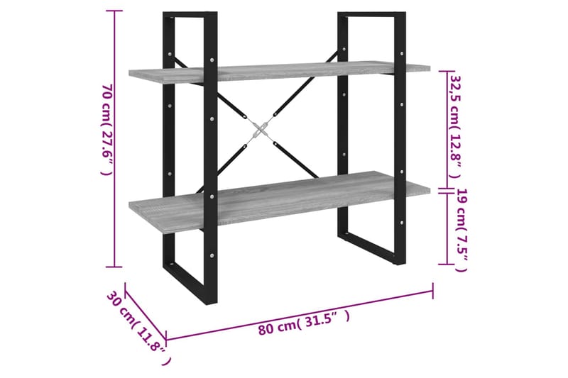 beBasic Bokhylle 2 etasjer grå sonoma 80x30x70 cm konstruert tre - GrÃ¥ - Oppbevaring - Hyller - Bokhylle