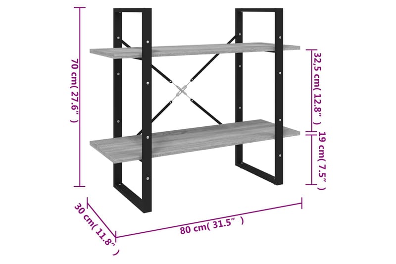 beBasic Bokhylle 2 etasjer grå sonoma 80x30x70 cm konstruert tre - GrÃ¥ - Bokhylle