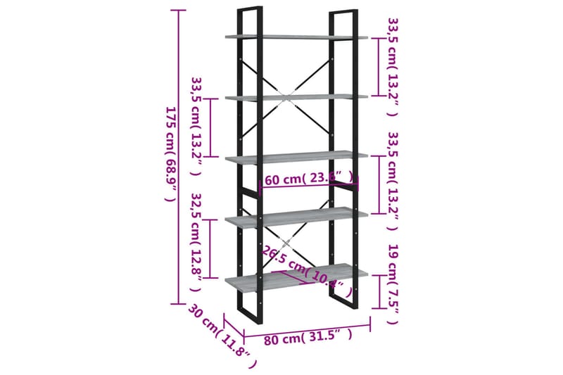 beBasic Bokhylle 5 etasjer grå sonoma 80x30x175 cm konstruert tre - GrÃ¥ - Oppbevaring - Hyller - Bokhylle
