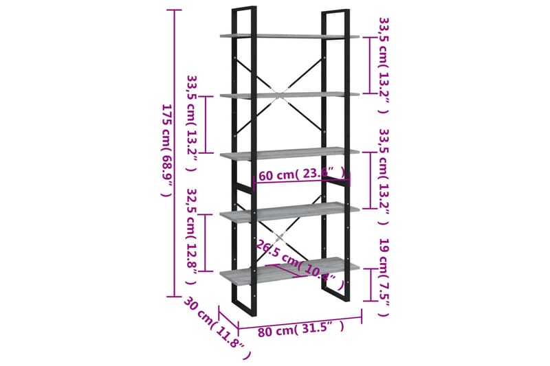 beBasic Bokhylle 5 etasjer grå sonoma 80x30x175 cm konstruert tre - GrÃ¥ - Bokhylle