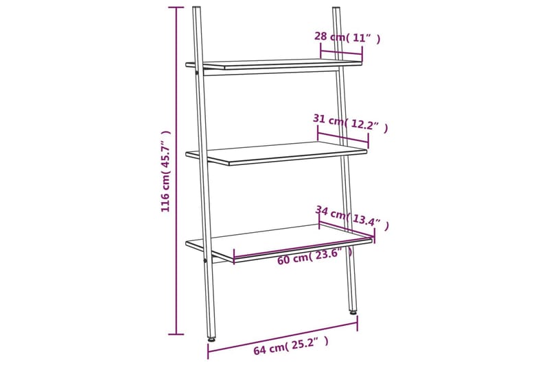 beBasic Stigehylle 3 etasjer mørkebrun og svart 64x34x116 cm - Brun - Oppbevaring - Hyller - Stigehylle