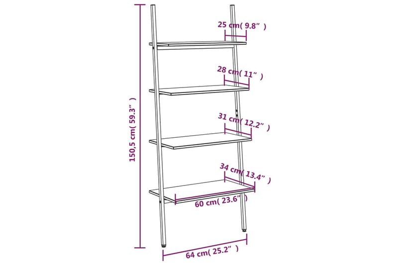 beBasic Stigehylle 4 etasjer lysebrun og svart 64x34x150,5 cm - Brun - Stigehylle