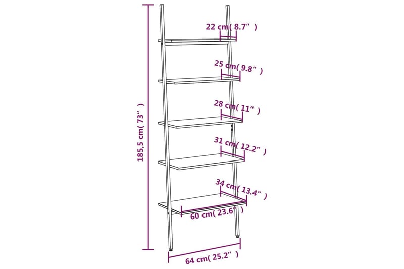 beBasic Stigehylle 5 etasjer lysebrun og svart 64x34x185,5 cm - Brun - Bokhylle