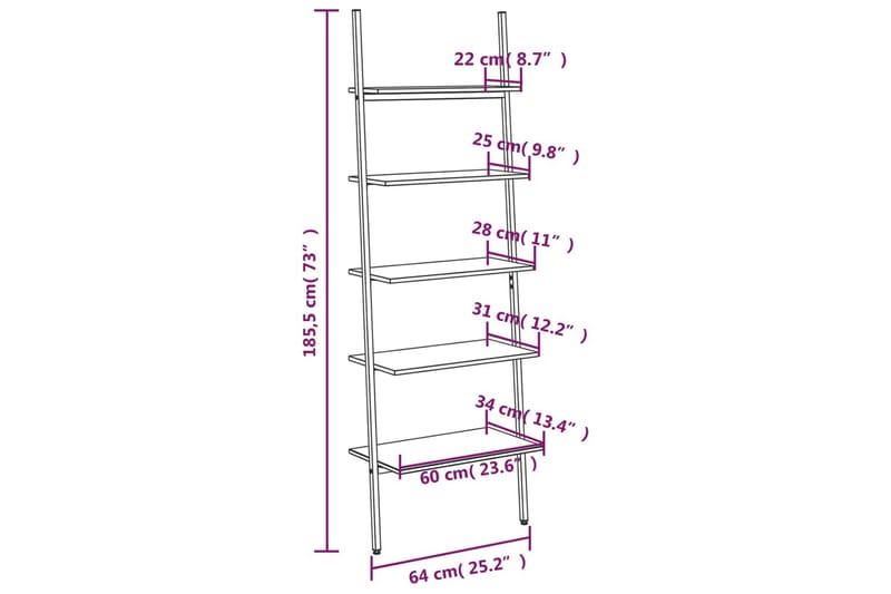beBasic Stigehylle 5 etasjer svart 64x34x185,5 cm - Svart - Oppbevaring - Hyller - Bokhylle
