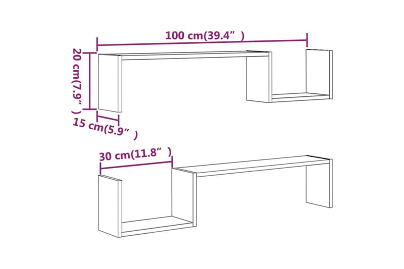 beBasic Vegghyller 2 stk brun eik 100x15x20 cm konstruert tre - Brun - Vegghylle