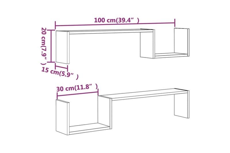 beBasic Vegghyller 2 stk grå sonoma 100x15x20 cm konstruert tre - GrÃ¥ - Vegghylle