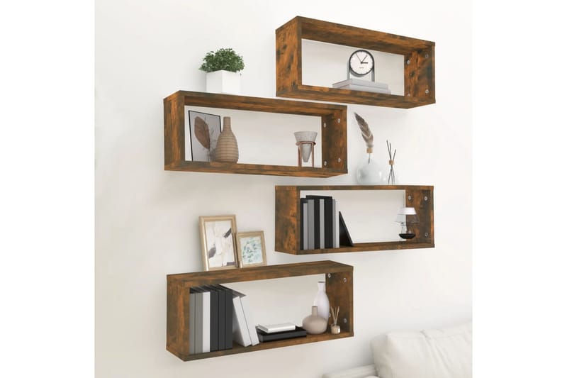 beBasic Vegghyller kube 4 stk røkt eik 60x15x23 cm konstruert tre - Brun - Oppbevaring - Hyller - Vegghylle