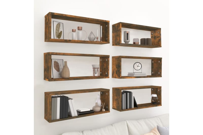 beBasic Vegghyller kube 6 stk røkt eik 60x15x23 cm konstruert tre - Brun - Oppbevaring - Hyller - Vegghylle