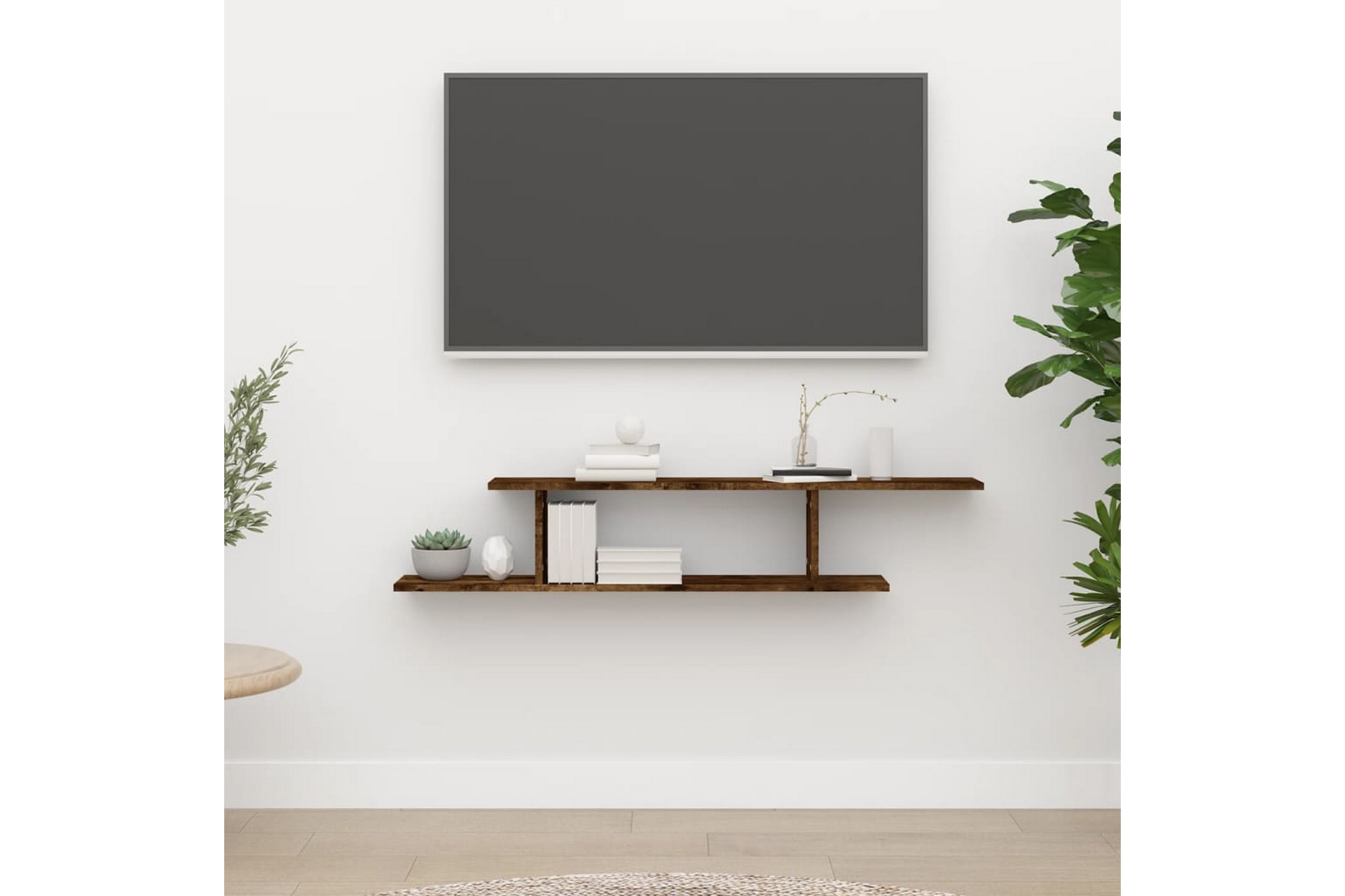 beBasic Veggmontert TV-hylle røkt eik 125x18x23 cm konstruert tre - Brun