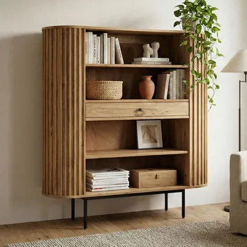 Belilo bokhylle 105 cm ribbedesign - naturlig, varm honningbrun og svart - Oppbevaring - Hyller - Bokhylle