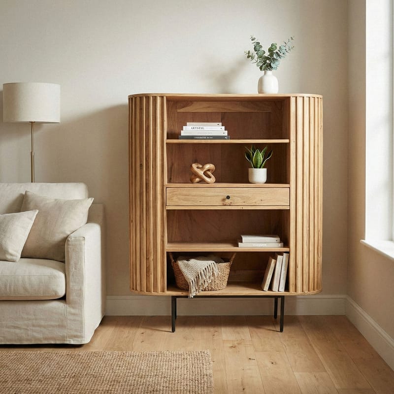 Belilo bokhylle 105 cm ribbedesign - naturlig, varm honningbrun og svart - Oppbevaring - Hyller - Bokhylle