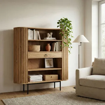 Belilo bokhylle 105 cm ribbedesign - naturlig, varm honningbrun og svart - Oppbevaring - Hyller - Bokhylle