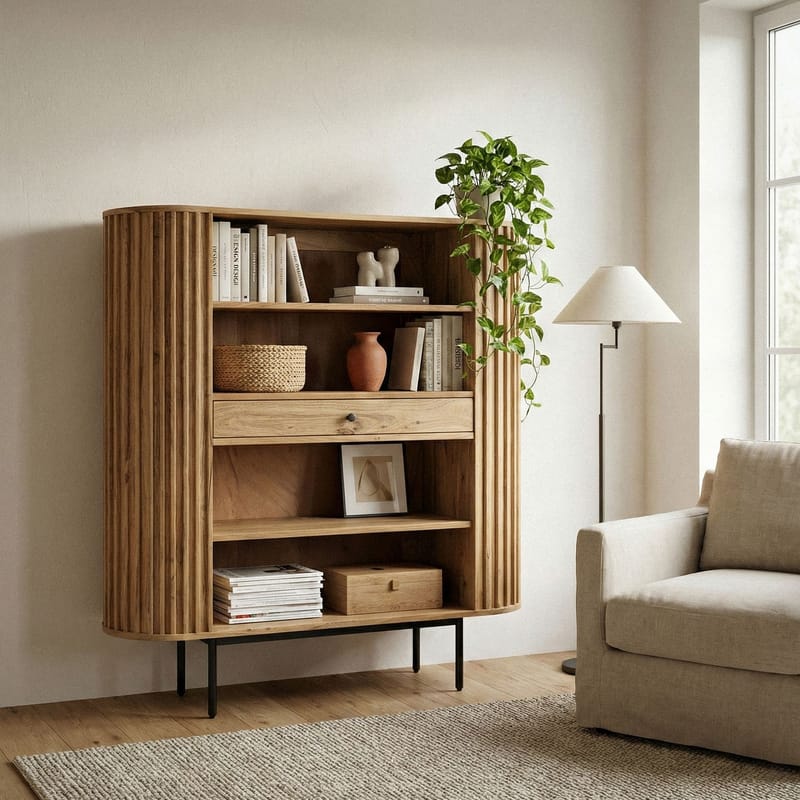 Belilo bokhylle 105 cm ribbedesign - naturlig, varm honningbrun og svart - Oppbevaring - Hyller - Bokhylle