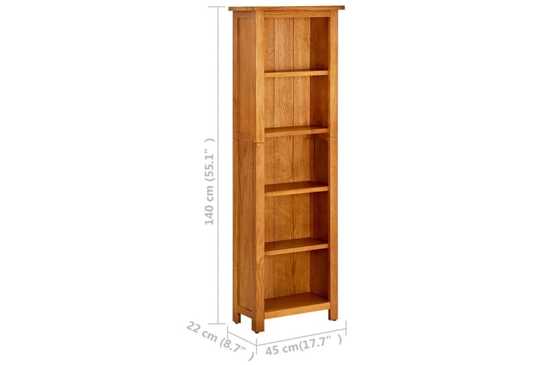 Bokhylle 5 etasjer 45x22x140 cm heltre eik - Brun - Oppbevaring - Hyller - Bokhylle