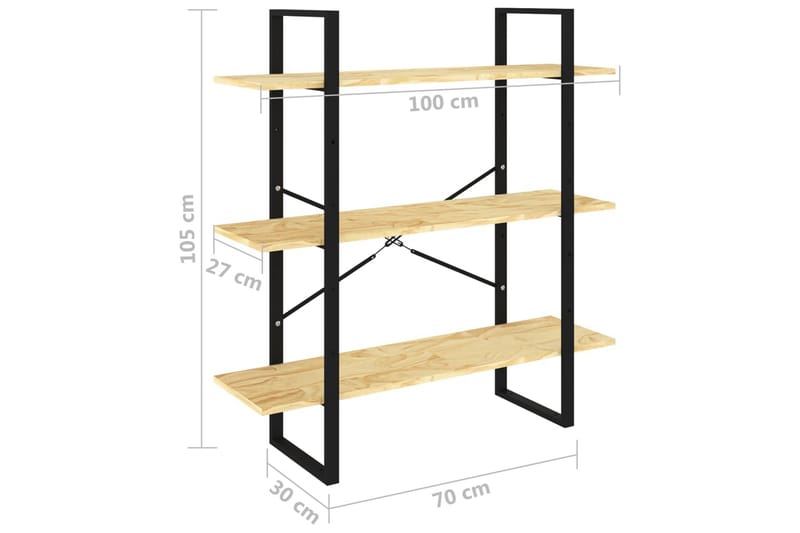 Bokhylle 3 nivåer 100x30x105 cm heltre furu - Brun - Bokhylle