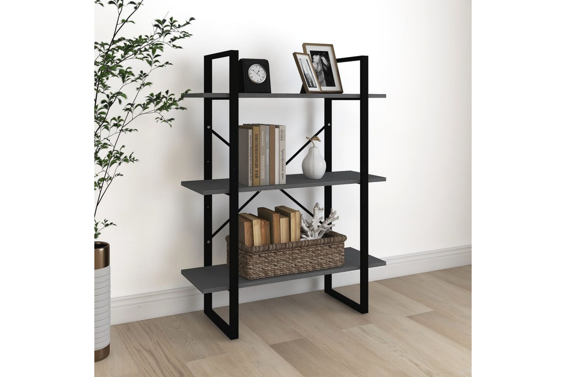 Bokhylle 3 nivåer grå 80x30x105 cm heltre furu - Grå - Oppbevaring - Hyller - Bokhylle