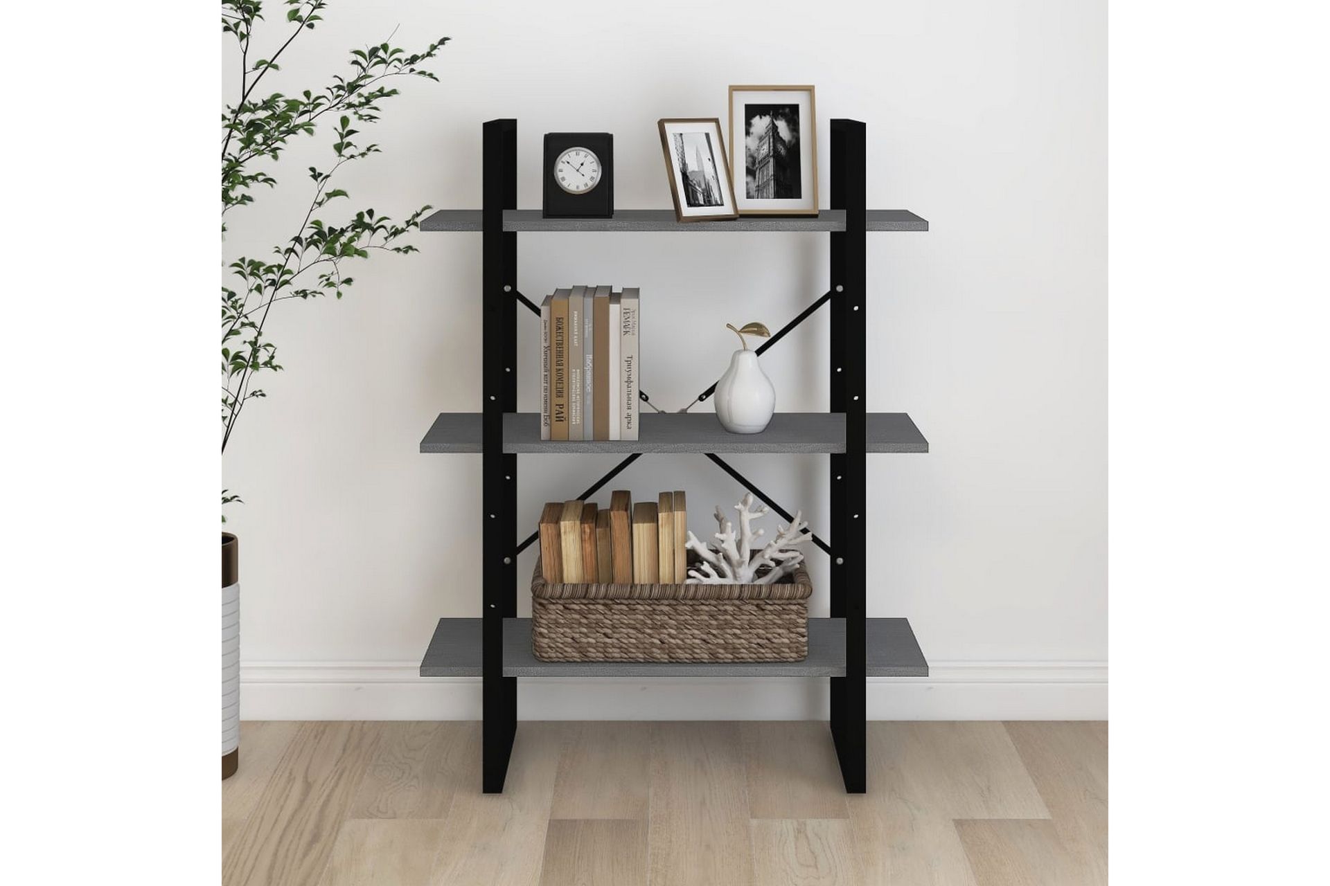 Bokhylle 3 nivåer grå 80x30x105 cm heltre furu - Grå - Oppbevaring - Hyller - Bokhylle