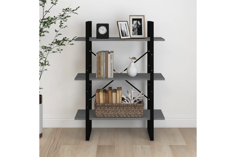Bokhylle 3 nivåer grå 80x30x105 cm heltre furu - Grå - Oppbevaring - Hyller - Bokhylle