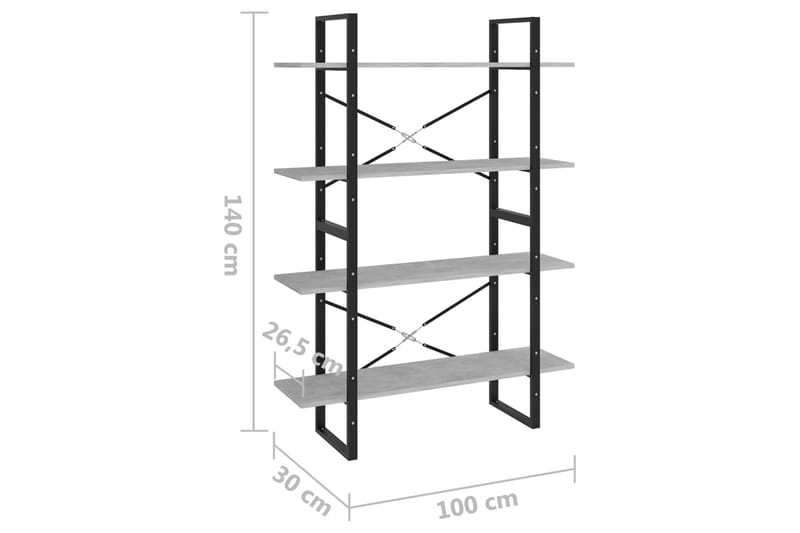 Bokhylle 4 nivåer betonggrå 100x30x140 cm sponplate - Grå - Bokhylle