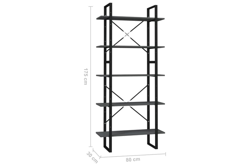 Bokhylle 5 nivåer grå 80x30x175 cm sponplate - Grå - Oppbevaring - Hyller - Bokhylle
