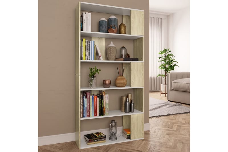 Bokhylle/Romdeler hvit og sonoma eik 80x24x159 cm sponplate - Oppbevaring - Hyller - Bokhylle