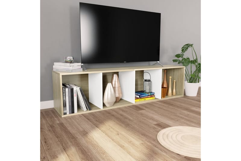 Bokhylle/TV-benk hvit og sonoma eik 36x30x143 cm sponplate - Flerfarget - Oppbevaring - Hyller - Bokhylle