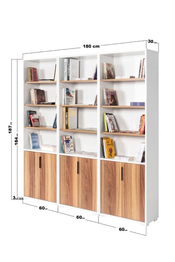 Bokhylle Hanah Home Evora Wide (180 x 187 x 30 cm) Hvit valnøtt - Hvit og valnøtt - Oppbevaring - Hyller - Bokhylle