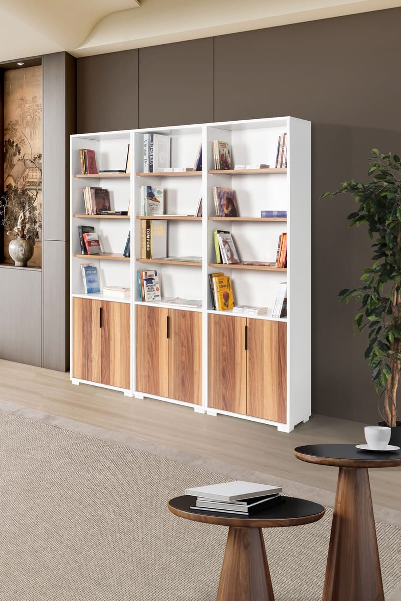 Bokhylle Hanah Home Evora Wide (180 x 187 x 30 cm) Hvit valnøtt - Hvit og valnøtt - Oppbevaring - Hyller - Bokhylle