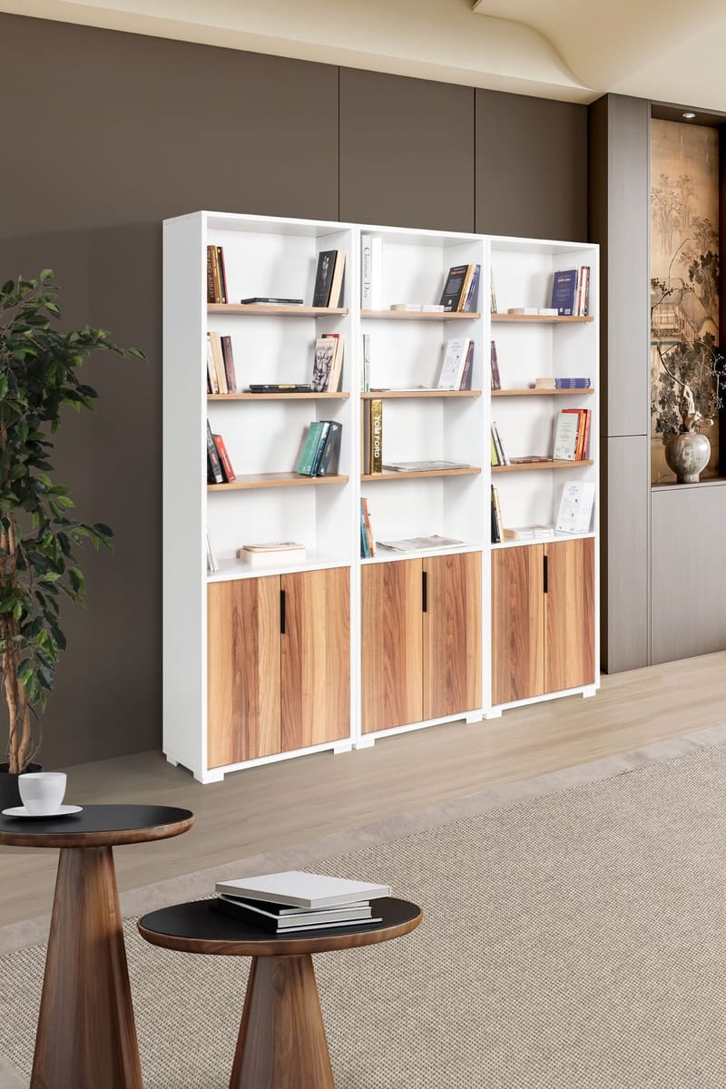 Bokhylle Hanah Home Evora Wide (180 x 187 x 30 cm) Hvit valnøtt - Hvit og valnøtt - Oppbevaring - Hyller - Bokhylle