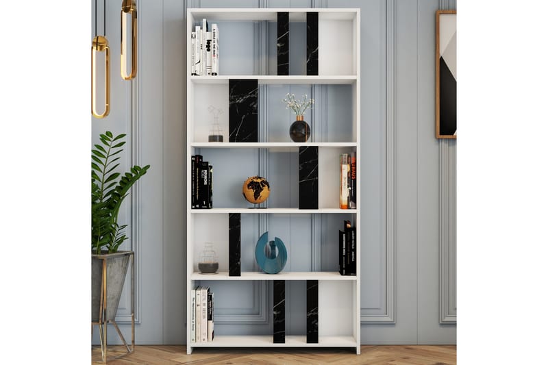 Timiza Bokhylle 90 cm med 5 Hyller i Marmor - Svart|Hvit - Oppbevaring - Hyller - Bokhylle