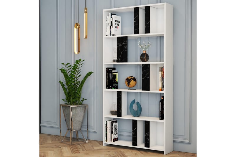 Timiza Bokhylle 90x20 cm 5 Hyller - Hvit/Svart - Oppbevaring - Hyller - Bokhylle
