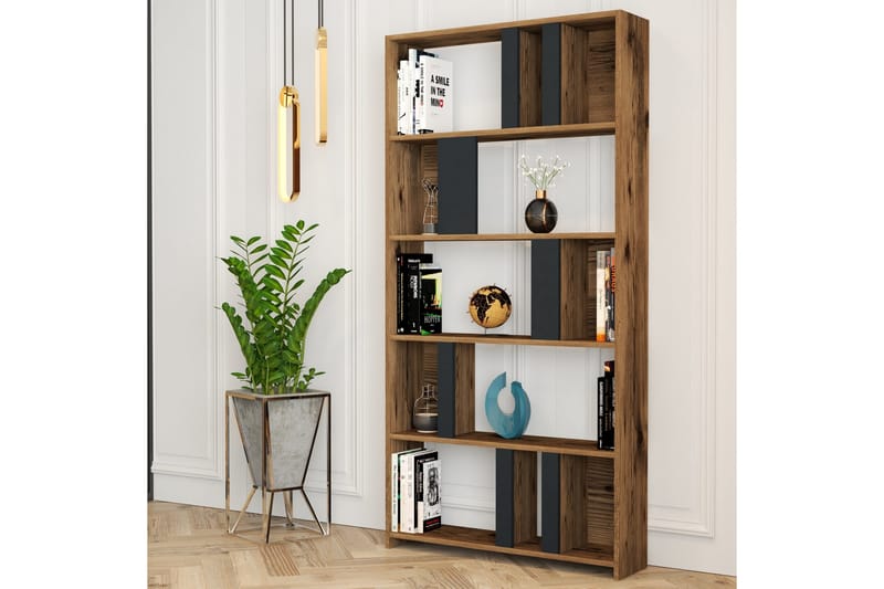 Timiza Bokhylle 90x20 cm 5 Hyller - Mørkebrun/Antrasitt - Oppbevaring - Hyller - Bokhylle
