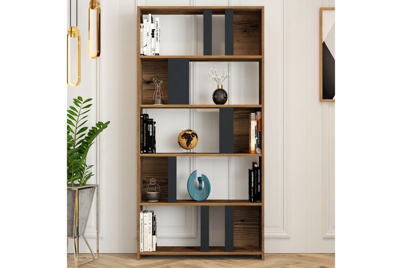 Timiza Bokhylle 90x20 cm 5 Hyller - Mørkebrun/Antrasitt - Oppbevaring - Hyller - Bokhylle