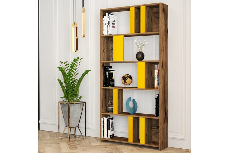 Timiza Bokhylle 90x20 cm 5 Hyller - Mørkebrun/Gul - Oppbevaring - Hyller - Bokhylle