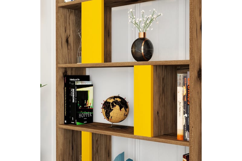 Timiza Bokhylle 90x20 cm 5 Hyller - Mørkebrun/Gul - Oppbevaring - Hyller - Bokhylle