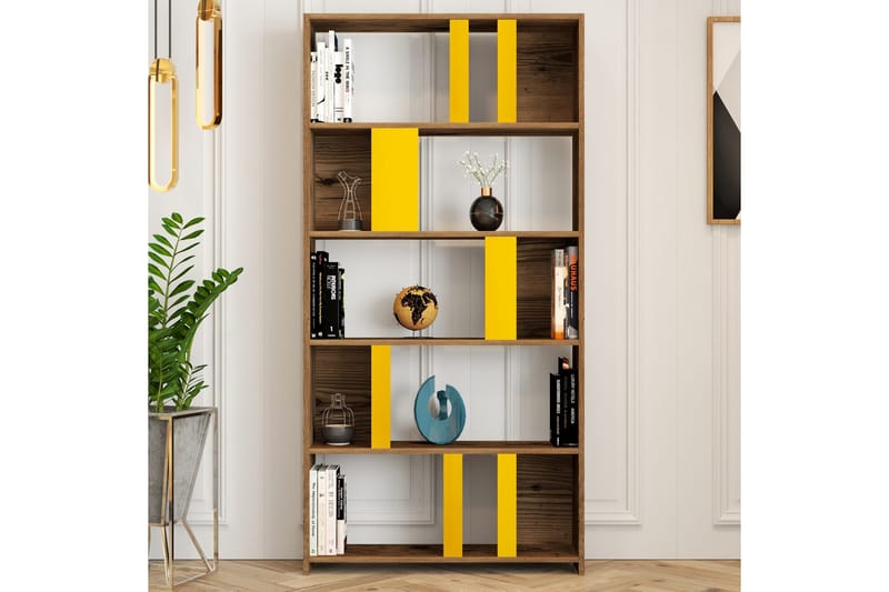 Timiza Bokhylle 90x20 cm 5 Hyller - Mørkebrun/Gul - Oppbevaring - Hyller - Bokhylle