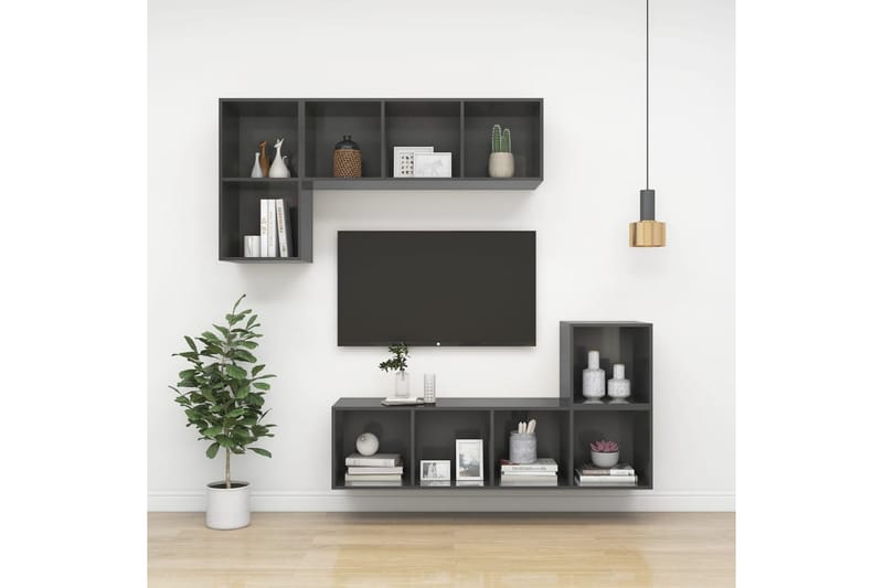 Vegghengt TV-benk høyglans grå 37x37x142,5 cm sponplate - Grå - Oppbevaring - Hyller - Bokhylle