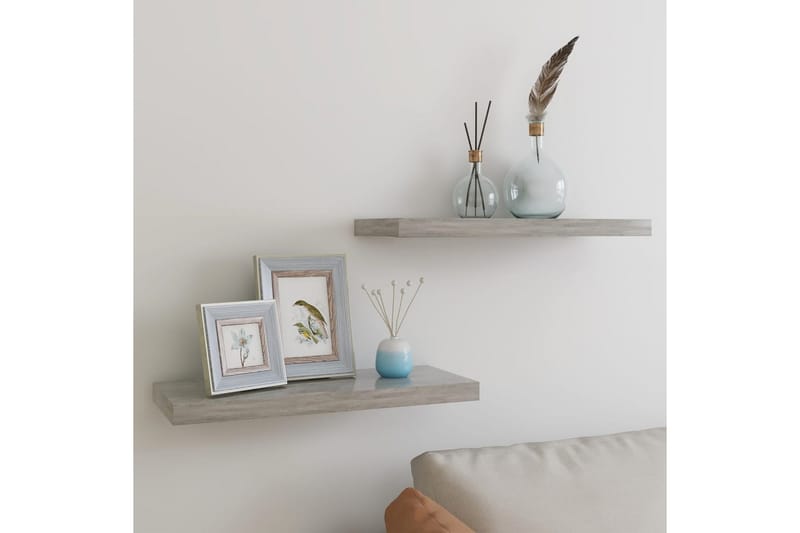 Flytende vegghyller 2 stk betonggrå 60x23,5x3,8 cm MDF - Grå - Oppbevaring - Hyller - Vegghylle