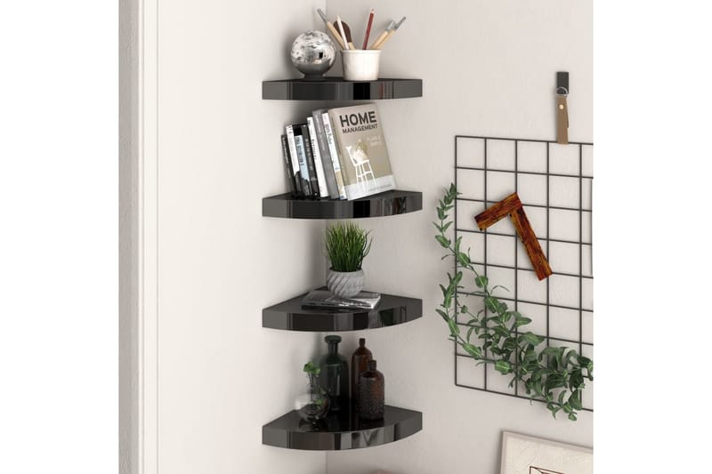 Flytende vegghyller 4 stk høyglans svart 25x25x3,8 cm MDF - Svart - Oppbevaring - Hyller - Hjørnehylle